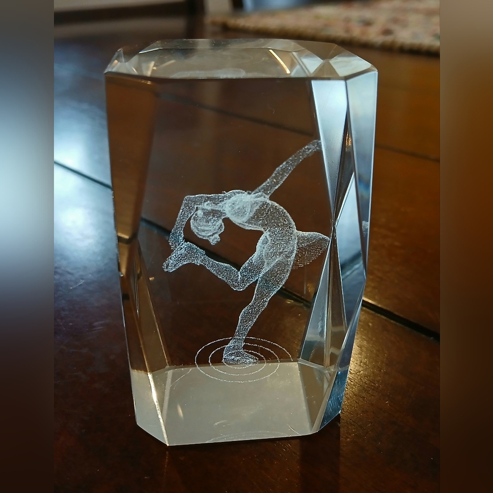 Glass Art Sculpture Paperweight with Lasered Figure Skater Design